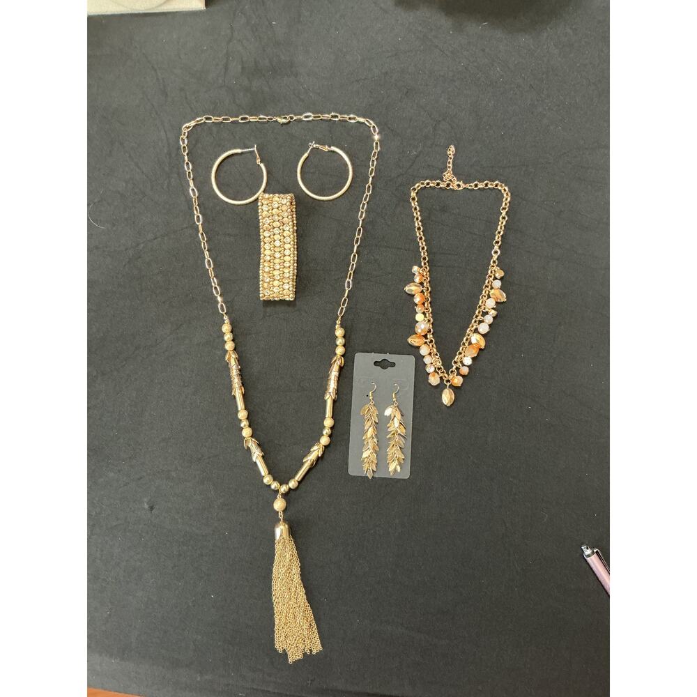 Gold Tone Jewelry Bundle Necklaces Bracelets Earrings Lot